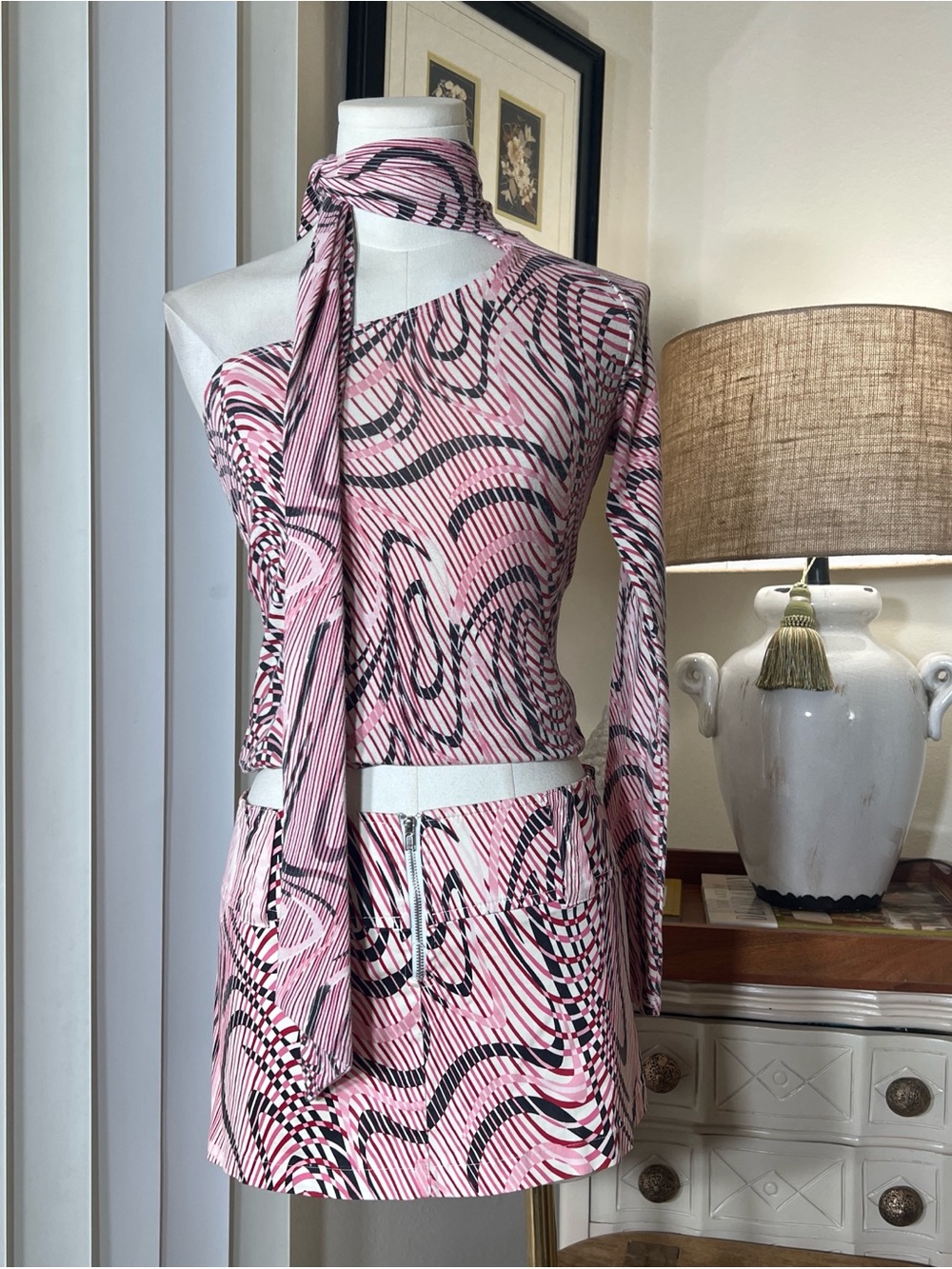 Wet Seal Pink and Black One-Shoulder Mini Skirt Set with Scarf Tie Top